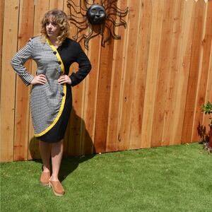 Vintage 1980s Jessica Howard Black Yellow Gingham Office Long Sleeve Midi Dress